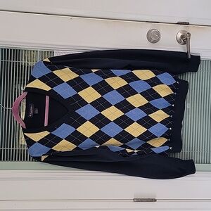 Brooks Brothers Navy Blue Argyle V Neck Sweater Cotton/Silk/Cashmere Blend Sz L